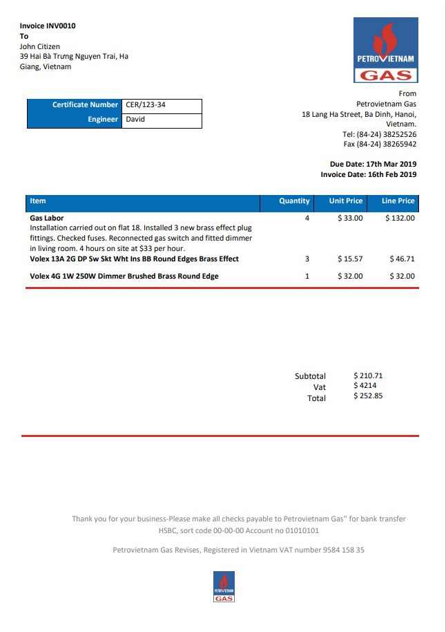 Vietnam Petrovietnam Gas utility bill template in Word and PDF format